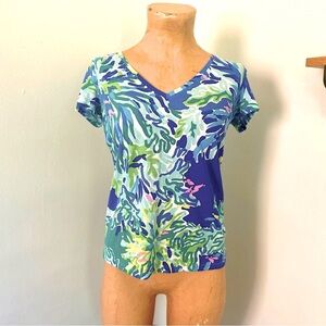 Lilly Pulitzer Etta V-Neck T-Shirt - Blue Green - Size XS - 100% Cotton Ex. Cond
